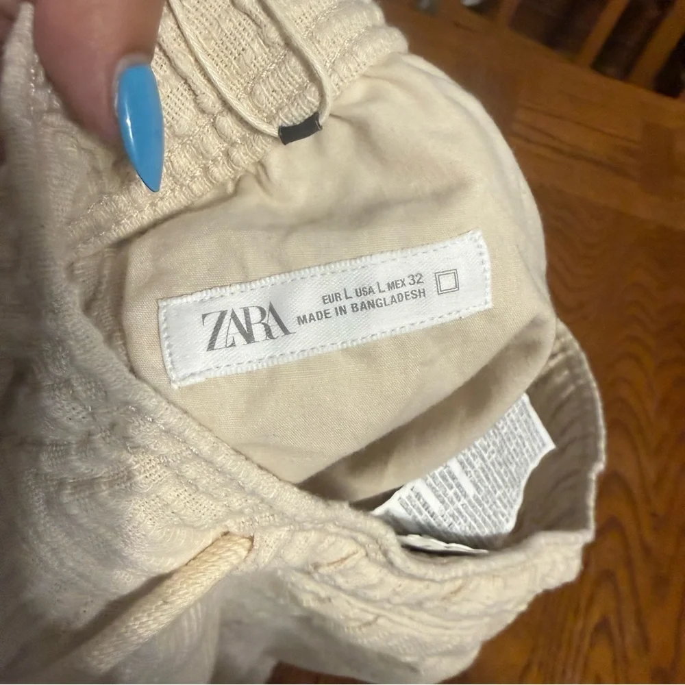 Zara Man Textured Cotton Relaxed Fit Drawstring Pants in Cream Sz L NWT Resort
